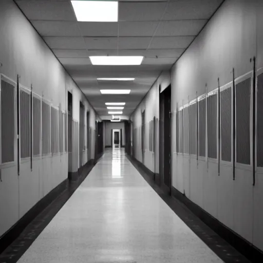 Prompt: a lonely school hallway, with some windows and lockers on the sides, at midnight, liminal space, grainy footage, fluorescent lights,