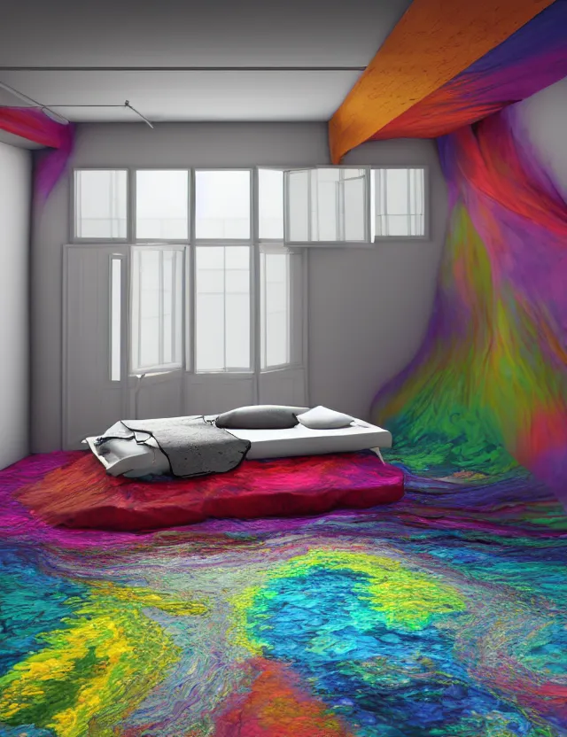 Prompt: wide angle colorful photo of floating bed above floor in the middle of epic room with windows opening to other dimensions by andrzej sykut by lee madgewick by m. c. escher, photorealistic, octane render, recursive!!!!, flowing, cascading, multiverse!!!!!!, labyrinthine, optical illusion