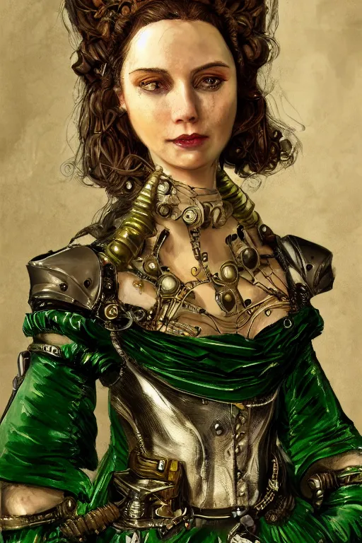 Prompt: portrait, headshot, digital painting, of a old 17th century, beautiful lady cyborg merchant, amber jewels, dark green satin dress, implants, baroque, ornate clothing, scifi, futuristic, realistic, hyperdetailed, chiaroscuro, concept art, art by waterhouse and witkacy