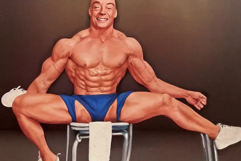 Image similar to hyperrealistic muscular Jean Claude Vandamme doing the splits, spread eagle between two chairs over a toilet, golden hour, smiling, award winning