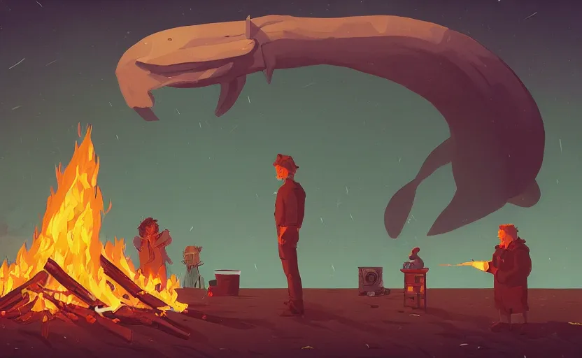 Prompt: a man next to a bonfire on back of giant whale at the sea, artstation, intricate, highly detailed, digital painting, concept art, sharp focus, illustration by Tom Whalen and Simon Stalenhag