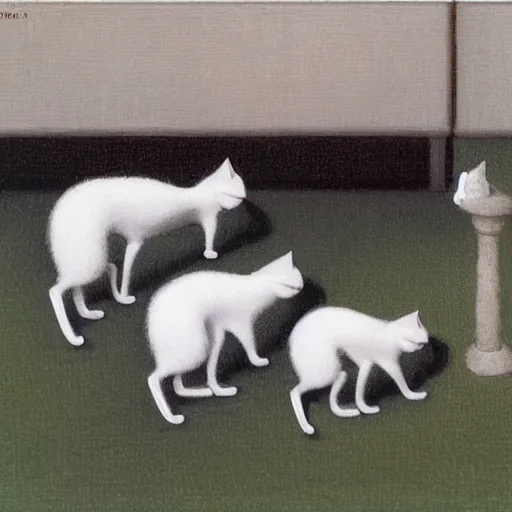 Prompt: some cats lined up outside wearing white masks by michael sowa.