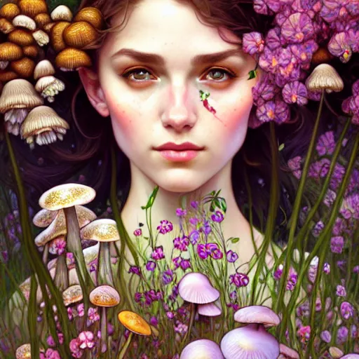 Image similar to Portrait of a girl surrounded by flowers and mushrooms, face, fantasy, intricate, elegant, highly detailed, digital painting, artstation, concept art, smooth, sharp focus, illustration, art by Fernanda Suarez and Artem Demura and alphonse mucha