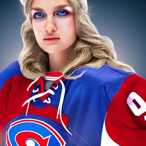 Prompt: hyperrealistic detailed portrait of a supermodel female ice hockey player, Habs Jersey, cleric, futuristic fantasy, D&D, blonde hair, gold details, red blue white colorway, soft features, elegant, artstationHD, intricate details, tarot card, cinematic, vibrant