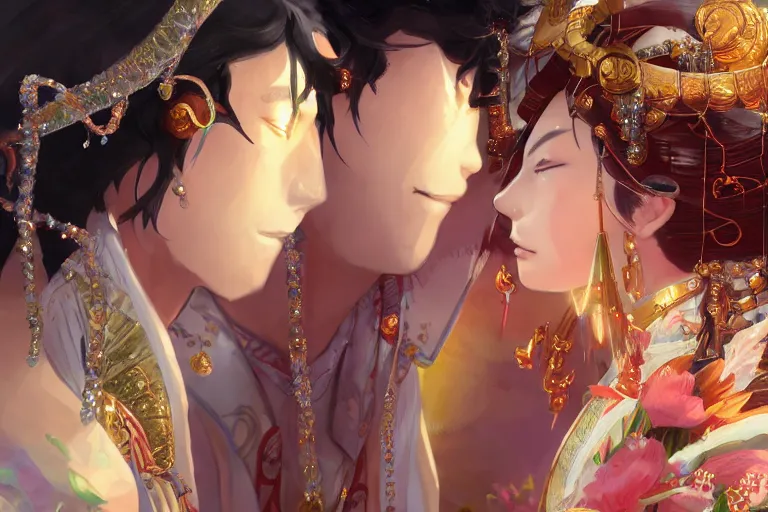 Image similar to close up moment of a divine a japan sun god and a moon goddess lovers magician at a wedding banquet, highly detailed, d & d, fantasy, 4 k realistic, digital painting, trending on artstation, concept art, sharp focus, illustration, art by makoto shinkai and akihiko yoshida and daniel gerhartz