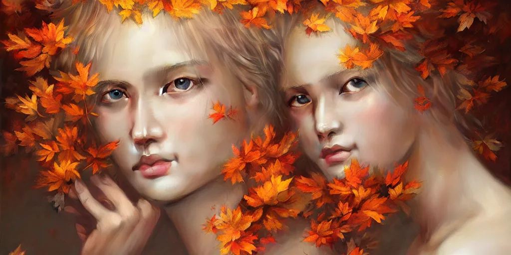 Prompt: breathtaking detailed concept art painting pattern of blonde goddesses faces blend of autumn leaves, by hsiao - ron cheng and volegov, bizarre compositions, exquisite detail, extremely moody lighting, 8 k