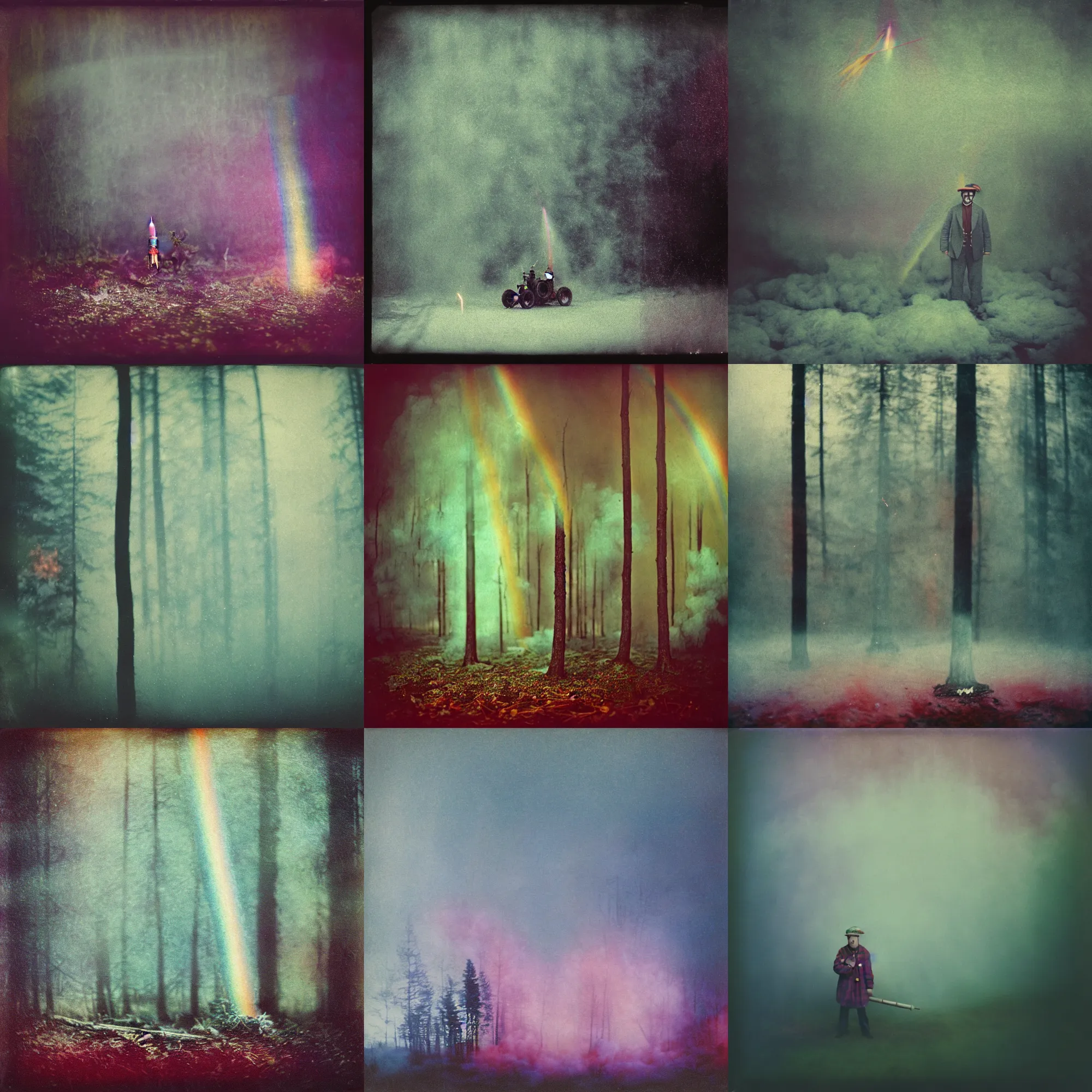 Prompt: kodak portra 4 0 0, wetplate, muted colours, blueberry, 1 9 1 0 s style, motion blur, portrait photo of a backdrop, explosions, rockets, bombs, sparkling, lumberjack, forest, snow, rainbow coloured fog, by georges melies and by britt marling