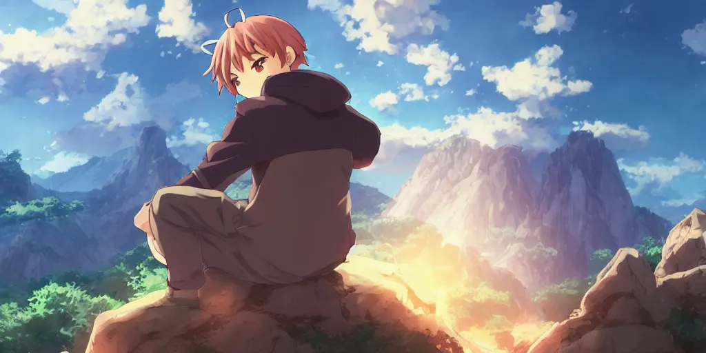 Image similar to isekai masterpiece anime boy sitting on a rock off to the side looking down upon umi, during dawn, cinematic, very warm colors, intense shadows, anime illustration, anime screenshot composite background