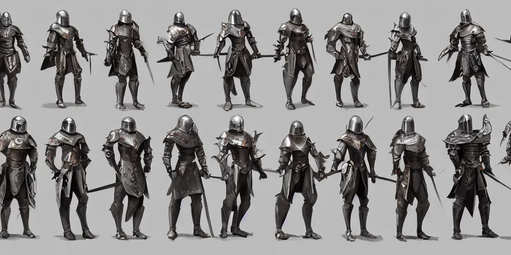 Prompt: different views of medieval knights, concept art by senior character artist, trending on artstation, full body character design, hyperdetailed! render!