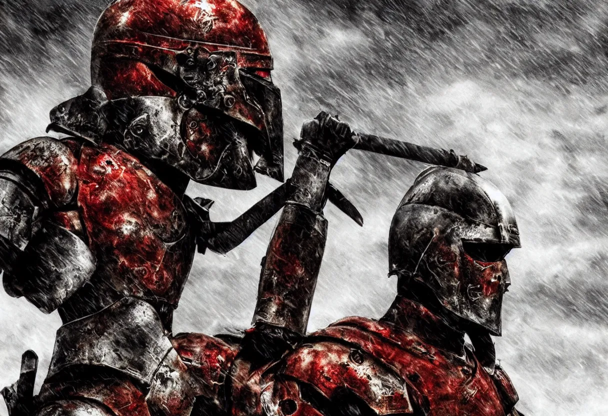 Prompt: leonidas 3 0 0 spartan zack snyder helmet battle scarred artwork strong soldiers battle large epic proportions background dark skies raining fire