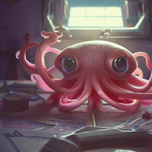 Prompt: a cute pink octopus playing videogames, digital art, trending on artstation, cgsociety, octane render, RPG portrait, dynamic lighting, hyperrealistic