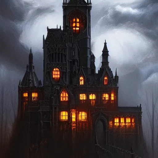 Prompt: dark and stormy eerie ornate gothic castle with lightning, extremely detailed, oil painting, 8k, trending on artstation