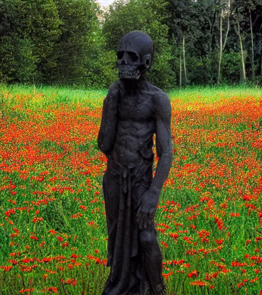 Image similar to mystical black death god figure standing in tall meadow of flowers, film photo, grainy, high detail, high resolution