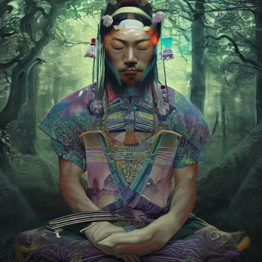 Prompt: magical samurai floating meditating in enchanted forest, digital art, surreal, beautiful, detailed, highly detailed, intricate, powerful warrior, glowing, prismatic, pearlescent, portrait, detailed, realism, classical, trending on artstation, 8k, ultra realistic, highly detailed