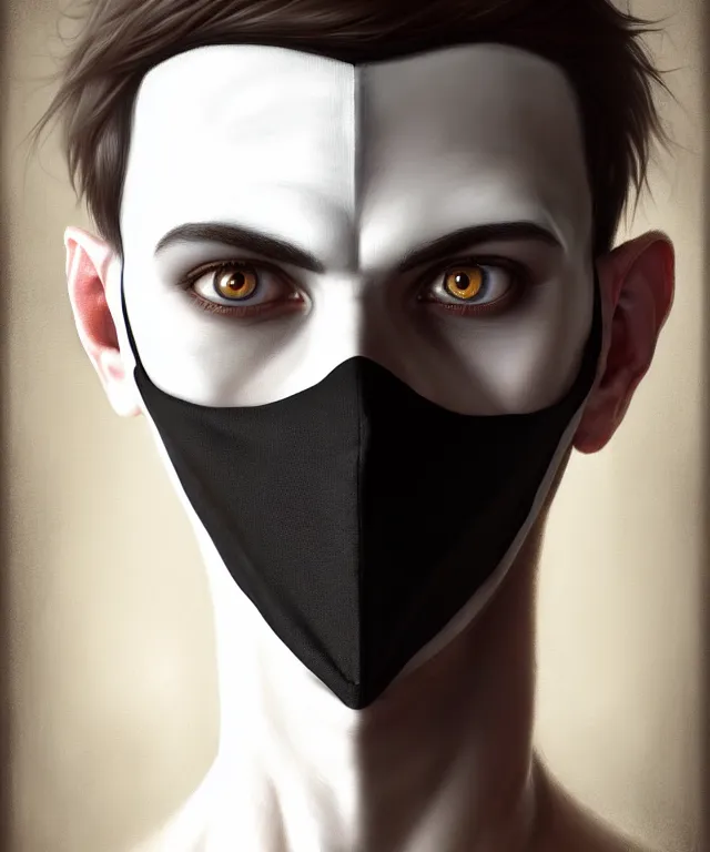 Image similar to white man with black fabric mask, short dark hair, highly detailed face!!!, true anatomy!, extremely detailed!, digital painting, unreal engine 5, art by tom bagshaw