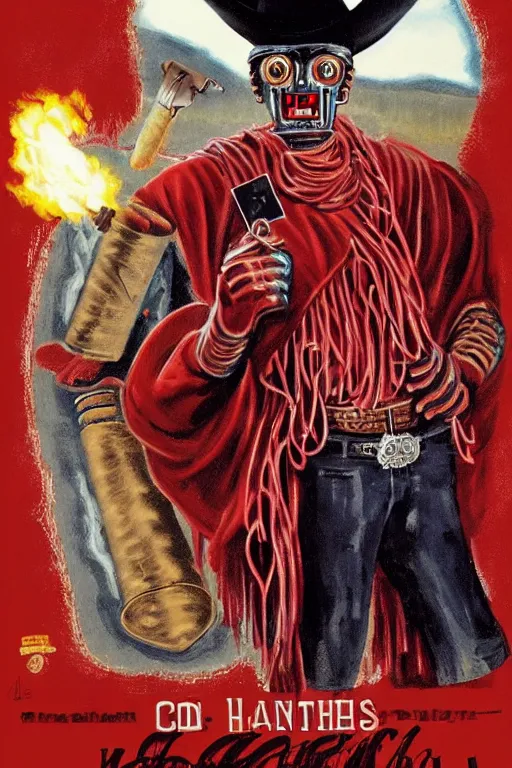 Prompt: metallic humanoid robot wearing a red poncho and a cowboy hat, smoking a cigar, pointing a colt revolver at the viewer, in the style of a spaghetti western movie poster