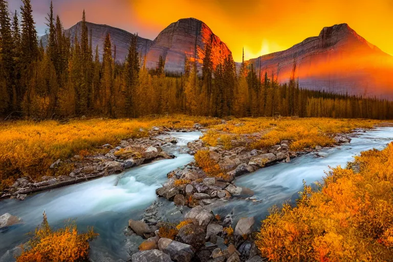 Prompt: an epic landscape painting of rundle mountain in alberta canada, at sunset in autumn, with a small river in the foreground, atmospheric, volumetric lighting, vibrant colors, rays of light, breathtaking, highly detailed