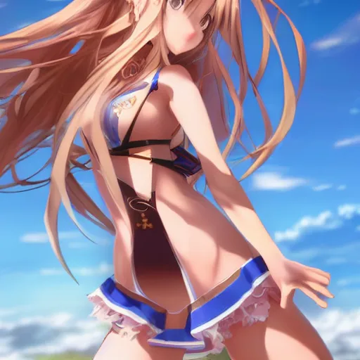 Image similar to a very beautiful mature yuuki asuna, full body, long wavy blond hair, sky blue eyes, full round face, bikini, miniskirt, front view, mid - shot, cute pose, highly detailed, cinematic wallpaper by stanley artgerm lau