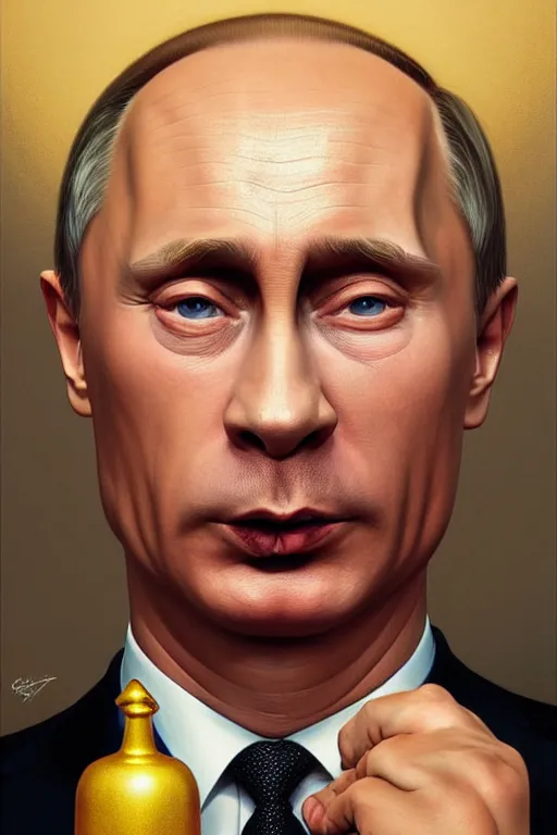 Image similar to vladimir putin as homer simpson, realistic portrait, symmetrical, highly detailed, digital painting, artstation, concept art, smooth, sharp focus, illustration, cinematic lighting, art by artgerm and greg rutkowski and alphonse mucha