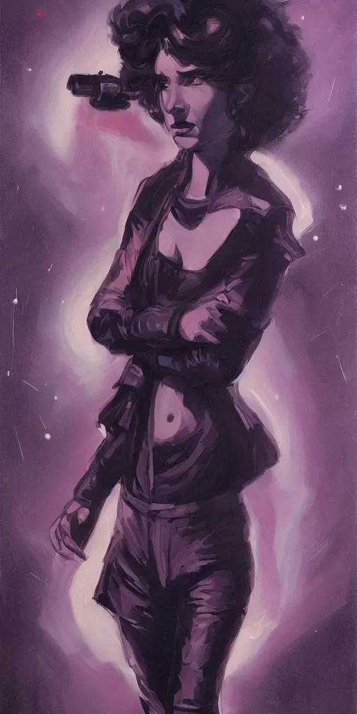 Prompt: portrait painting of a space mechanic, retrowave noir, in the style of frank cho, casey baugh and james jean
