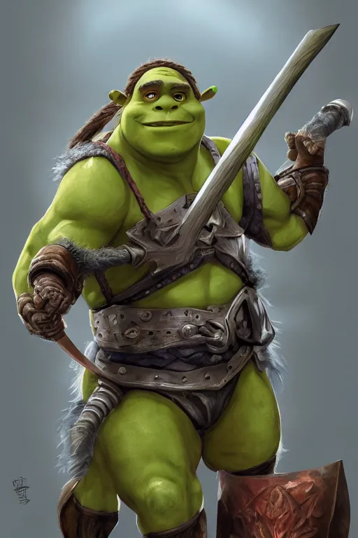 Image similar to A realistic anime portrait of Shrek, warrior, D&D, two handed Axe, full body plated armor, dungeons and dragons, tabletop role playing game, rpg, jrpg, digital painting, by Stanley Artgerm Lau, Frank frazzeta, WLOP and Rossdraws, digtial painting, trending on ArtStation, SFW version