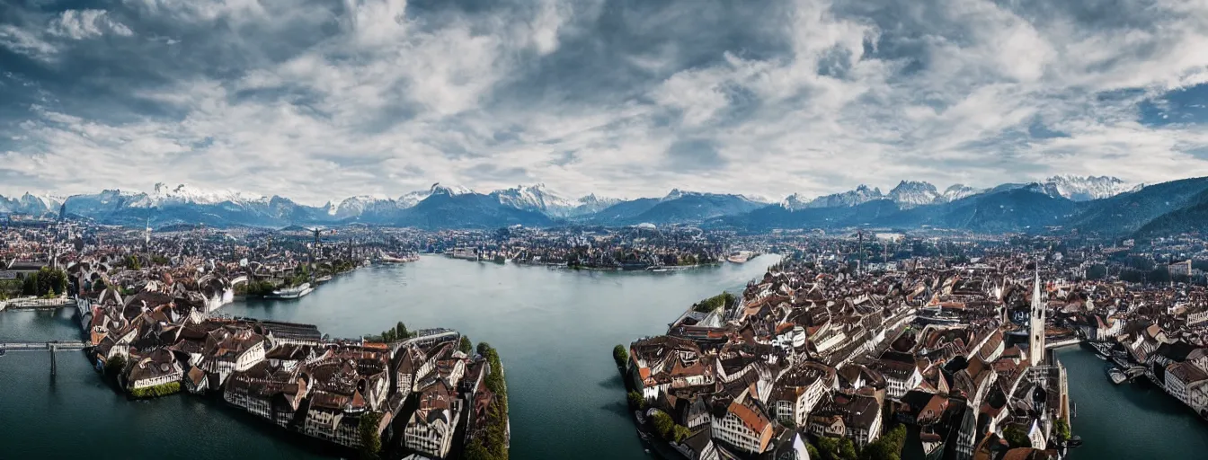 Image similar to Photo of Zurich, looking down the river at the lake and the alps, Hardturm, Grossmünster, wide angle, citypunk, volumetric light, hyperdetailed, mountain water, artstation, cgsociety, 8k