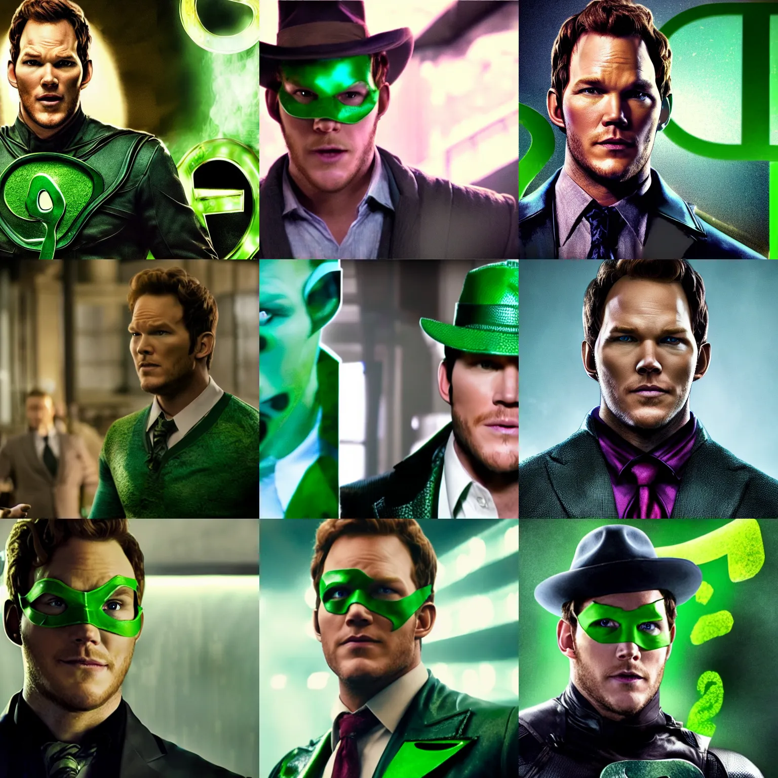 Prompt: chris pratt as the riddler, dc film, movie clip, photorealistic, 8 k