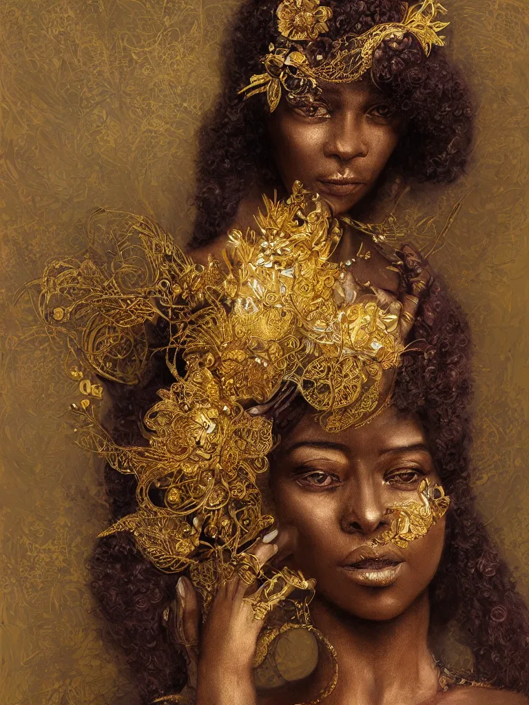 Prompt: African woman, flowers, dark pastel color scheme, jugendstil background, gold filigree, by karol bak, by emil melmoth, by Daniel Gerhartz, intricate, highly detailed, digital painting, artstation, concept art, smooth, sharp focus, illustration