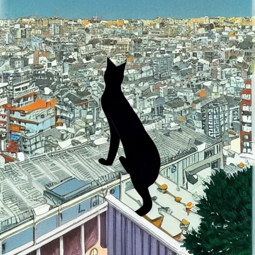 Image similar to a black cat girl looking out over a city, Miyazaki, studio ghibli