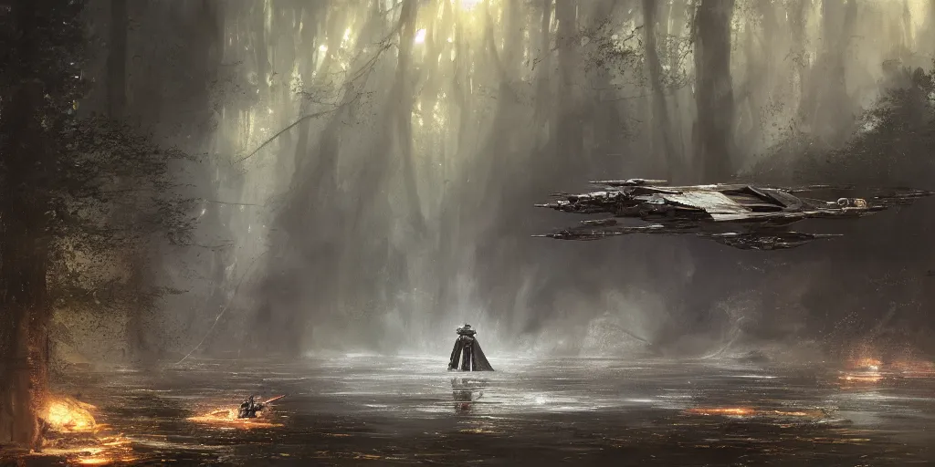 Image similar to a painting of a cinematic keyframe of star wars a destroyed x - wing fighter in dagobah's forest, heavy atmosphere and smoke by greg rutkowski, rule of thirds, golden ratio, ambient lighting, wlop, artgerm, artstation, highly detailed masterpiece, dark fantasy art, high detail, trending on artstation