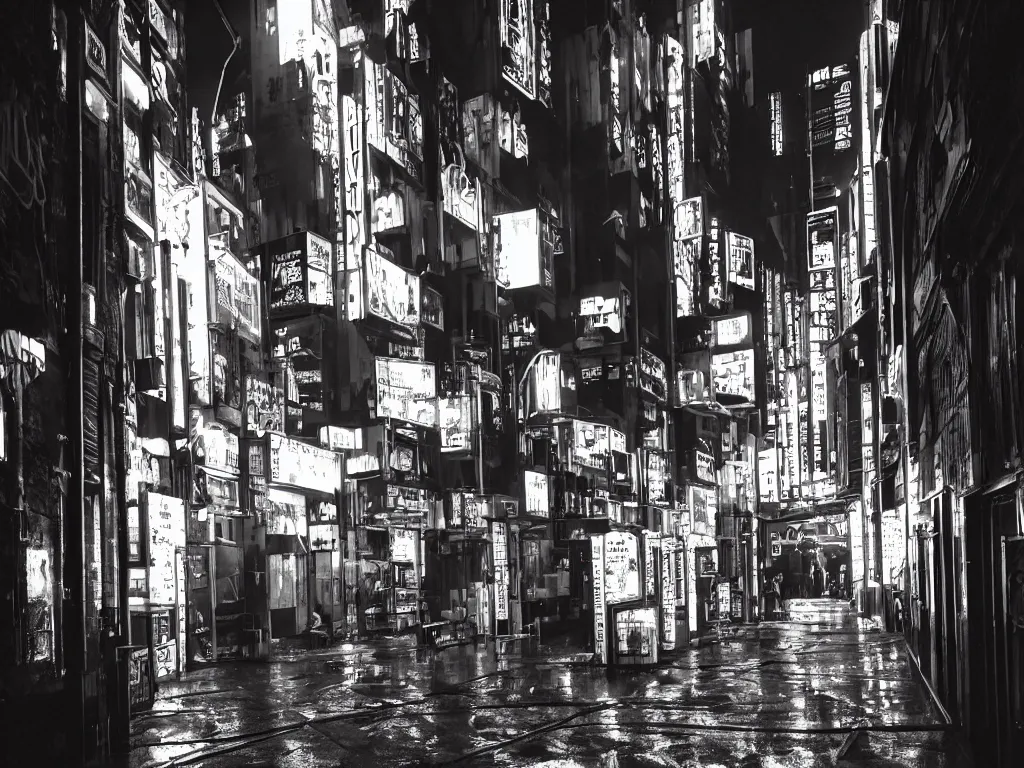 Image similar to cyberpunk city at night, neon lit alleyway, rain, light and shadows