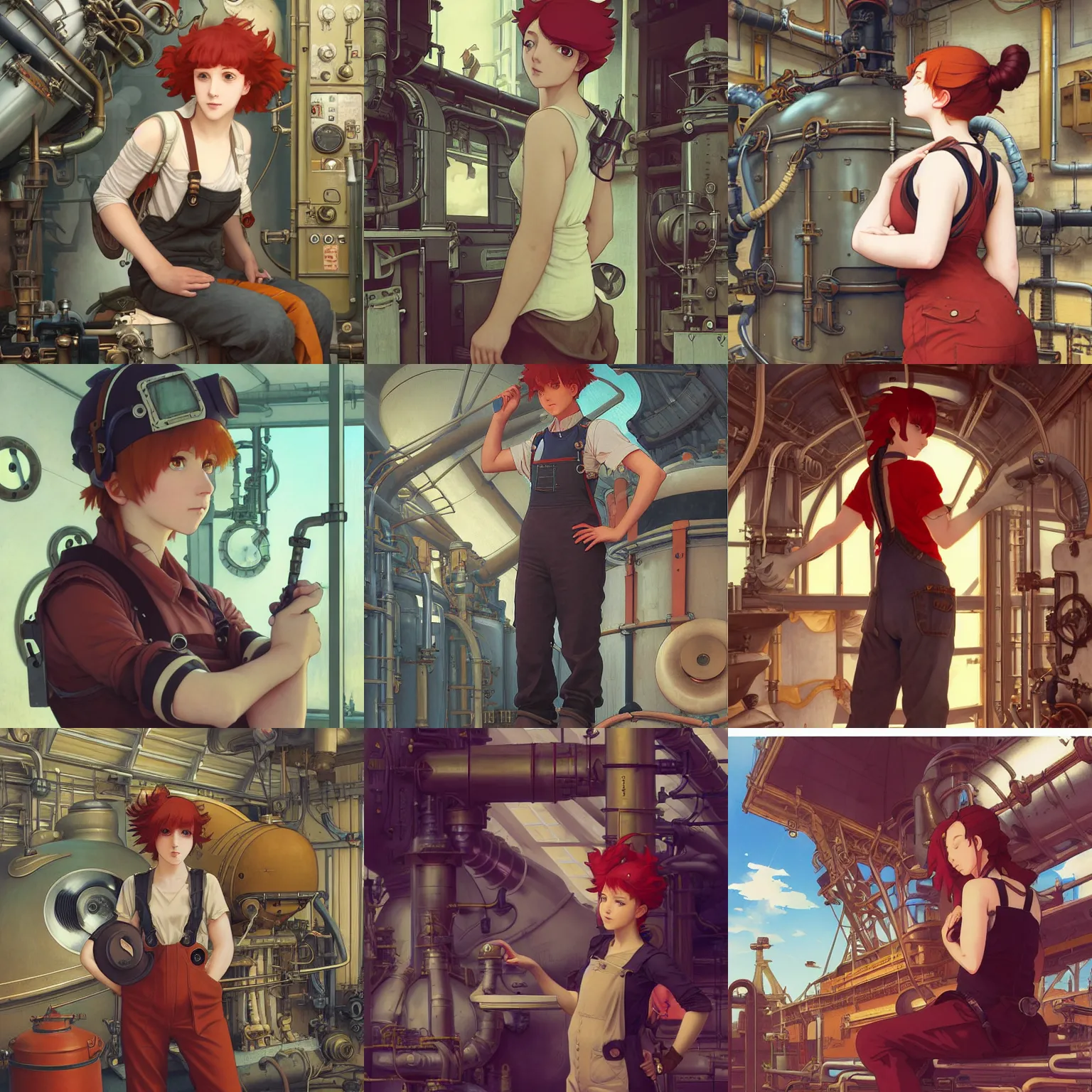 Prompt: an airship engineer working in the boiler room, red hair, tank top, overalls, steampunk, film still, finely detailed features, baroque, digital painting, studio ghibli, tankobon, painted by ilya kuvshinov and krenz cushart and william - adolphe bouguereau and alphonse mucha