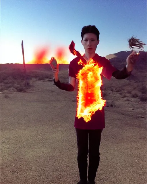 Image similar to [ [ [ [ [ [ squidward ] ] ] ] ] ] wearing fire nation clothing and practicing firebending outside at susnset