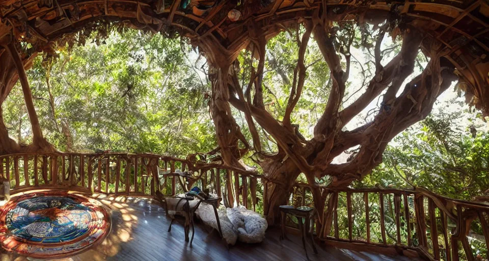 Image similar to An incredibly beautiful scene from a 2022 Marvel film featuring a cozy art nouveau reading nook balcony in a fantasy treehouse interior. 8K UHD.