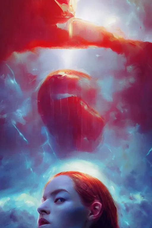 Image similar to 3 d, sci - fi, morning, happy fashion model face, sun, lightning clouds, vogue cover style, light red and deep blue mood, cinematic, realistic painting, intricate oil painting, high detail, figurative art, multiple exposure, poster art, 3 d, by stanley kubrick and tooth wu and wlop and beeple and greg rutkowski