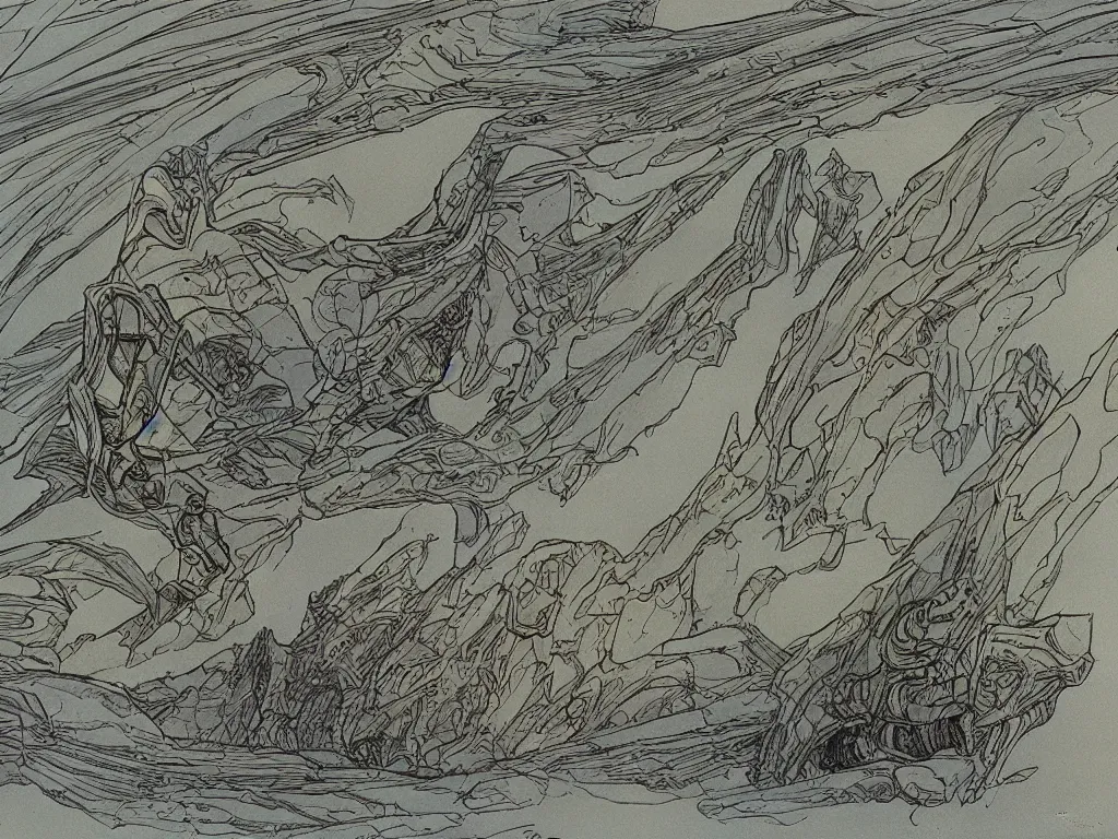 Image similar to moebius drawing painting alien landscape strange flying forms