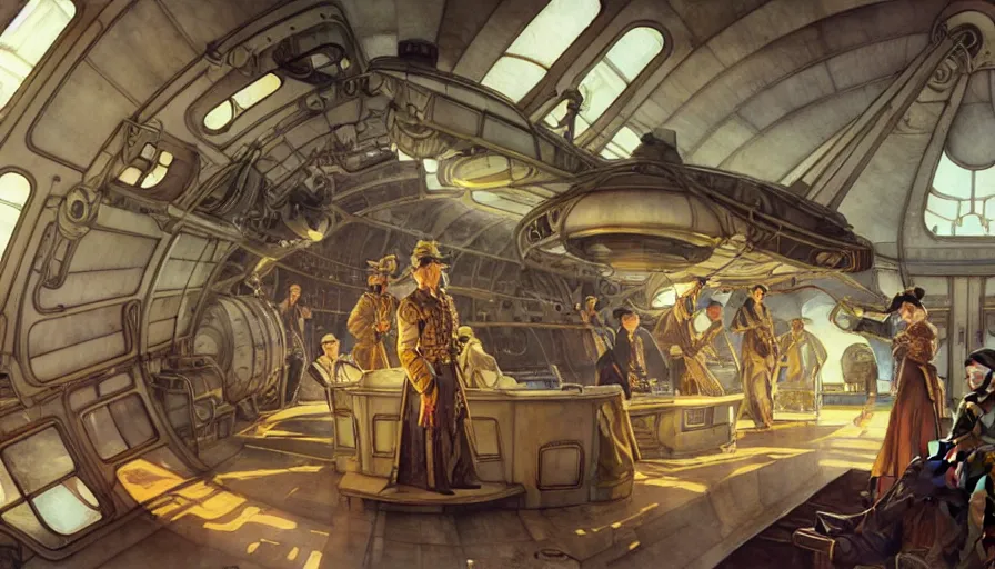 Image similar to airship interior bridge of warship, captain's chair, bridge crew, starship, french baroque, napoleonic, dieselpunk science fiction, steampunk, command and control center, sharp, concept art watercolor illustration by mandy jurgens and alphonse mucha, dynamic lighting