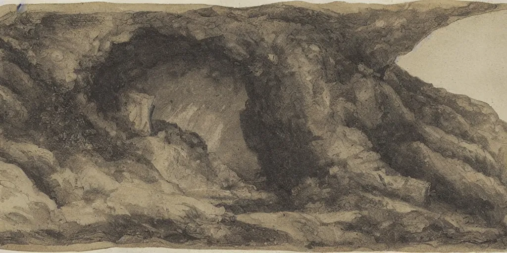 Prompt: an illustration of a cave in a sketchbook, 18th century, landscape