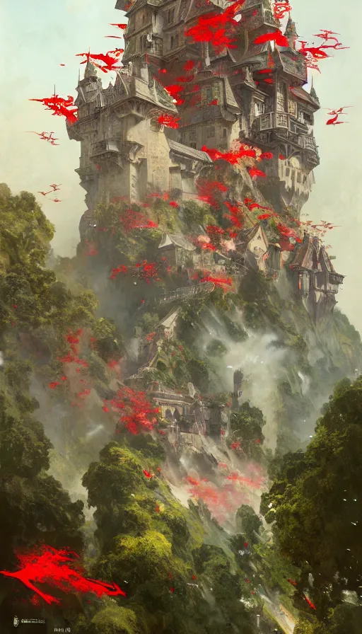 Prompt: castle seen from the sky being attacked by huge red army, cyberpunk, design on white background, beautiful details, lush foliage, drawn by john singer sargent, tom bagshaw, norman rockwell, alphonso mucha, lolish, trending on artstation