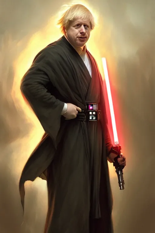 Image similar to Boris Johnson as Jedi, realistic portrait, symmetrical, highly detailed, digital painting, artstation, concept art, smooth, sharp focus, illustration, cinematic lighting, art by artgerm and greg rutkowski and alphonse mucha