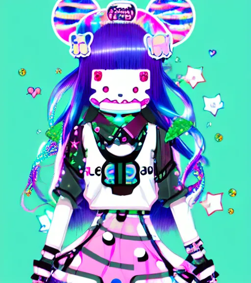 Image similar to cybergoth decora glitchcore yokai girl, sanrio tamagotchi moe ornaments, pastel cute cinematography