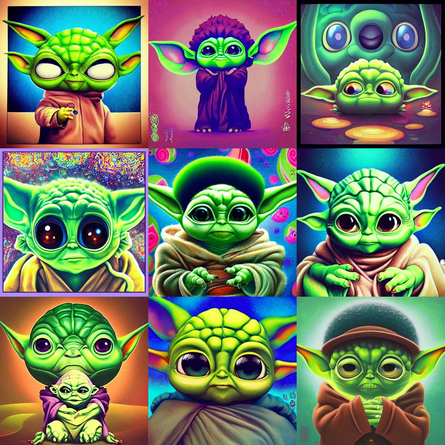 Prompt: “a portrait of baby yoda in a scenic environment by Jeremiah Ketner and Hiroyuki Mitsume-Takahashi and Naoto Hattori and Goro Fujita”