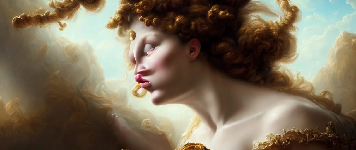 Prompt: hyperrealist highly detailed rococo portrait of god as a woman breaking the earth into pieces concept art pascal blanche very dramatic lighting 8k wide angle shallow depth of field