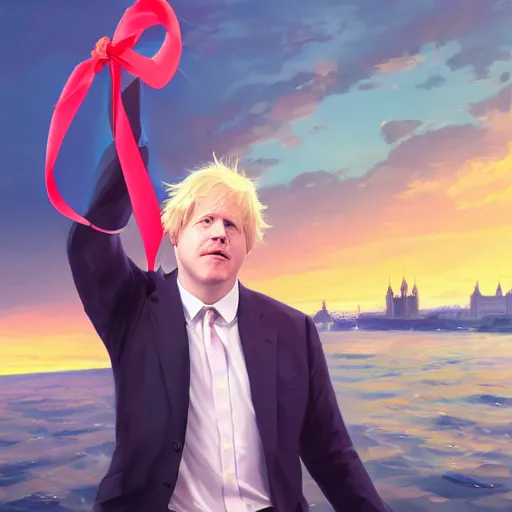 Prompt: Boris Johnson holding a ribbon wearing suit and necktie dancing on water, detailed facial features, evokes feelings of joy, beautiful flowing fabric, sunset, dramatic angle, realistic and detailed, by studio trigger, pixiv dslr photo by Makoto Shinkai rossdraws and Wojtek Fus