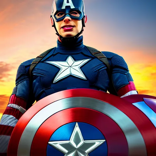 Prompt: A realistic photo with a hybridization of flash with captain america, hyper-realistic, 8K HDR, sunset