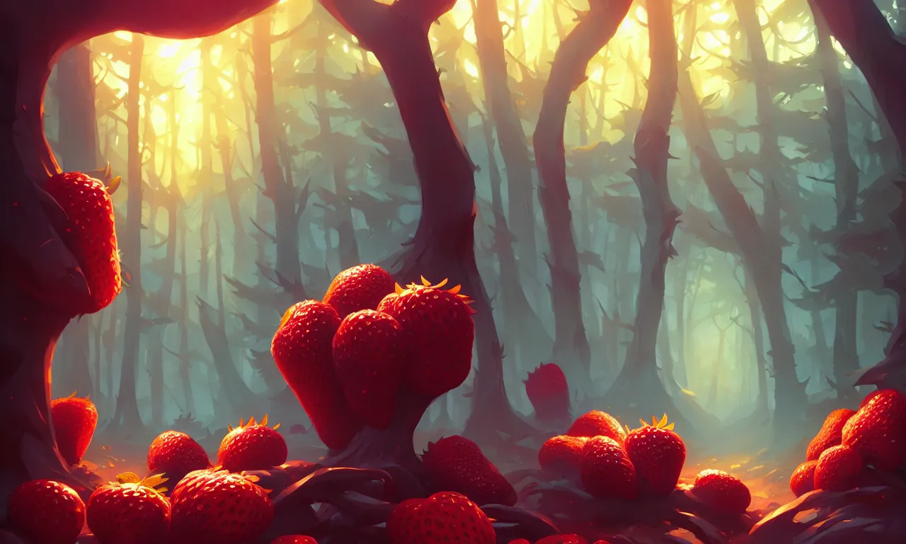 Image similar to Dark forest large strawberries, behance hd by Jesper Ejsing, by RHADS, Makoto Shinkai and Lois van baarle, ilya kuvshinov, rossdraws global illumination