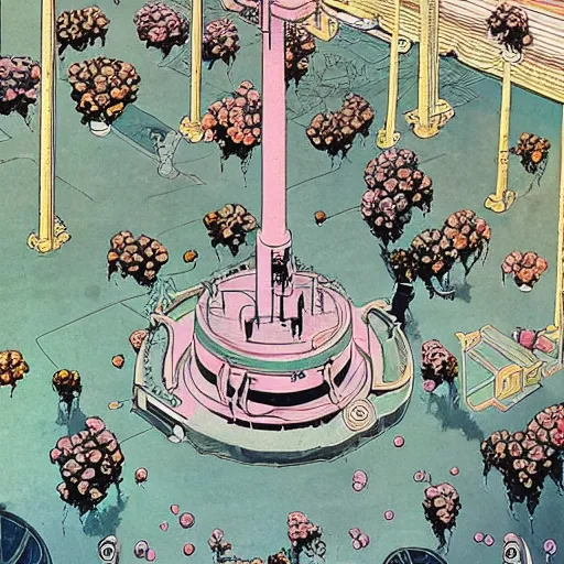 Prompt: a scifi illustration, bouquet of flowers in a factory. seen from above in FANTASTIC PLANET La planète sauvage animation by René Laloux