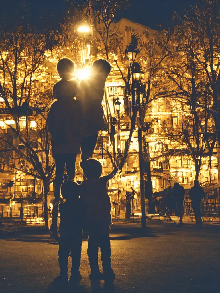 Image similar to two kids posing for a picture at night, backlit, small town, town square, lomography