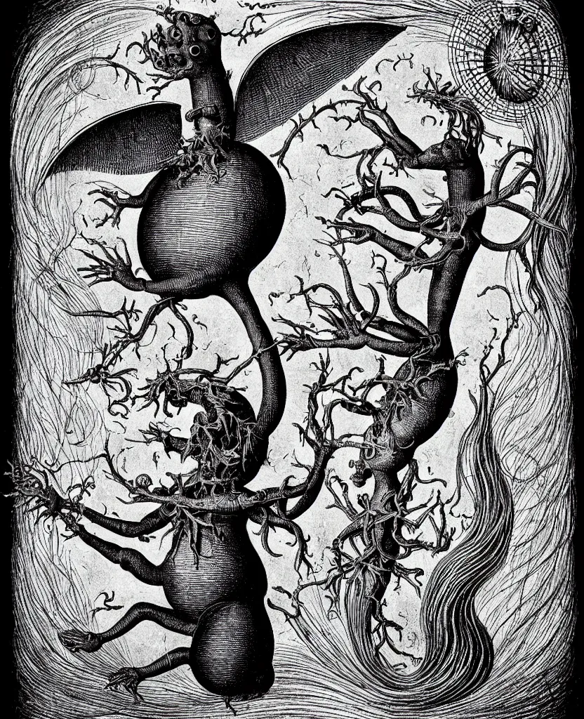 Image similar to whimsical freaky creature sings a unique canto about'as above so below'being ignited by the spirit of haeckel and robert fludd, breakthrough is iminent, glory be to the magic within