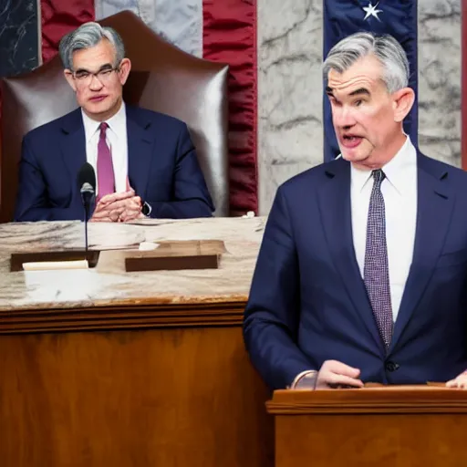 Prompt: a bear interrupting jerome powell during a speech to congress